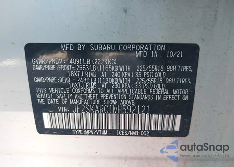 2021 Subaru Forester Sport z USA, uszkodzony, nr VIN JF2SKARC1MH592121